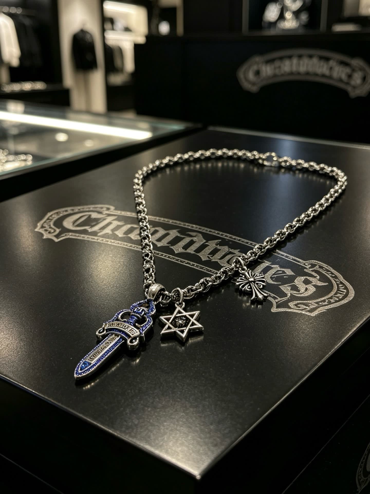 Chrome Hearts Silver Chain with Sword, Star of David, and Cross Charms